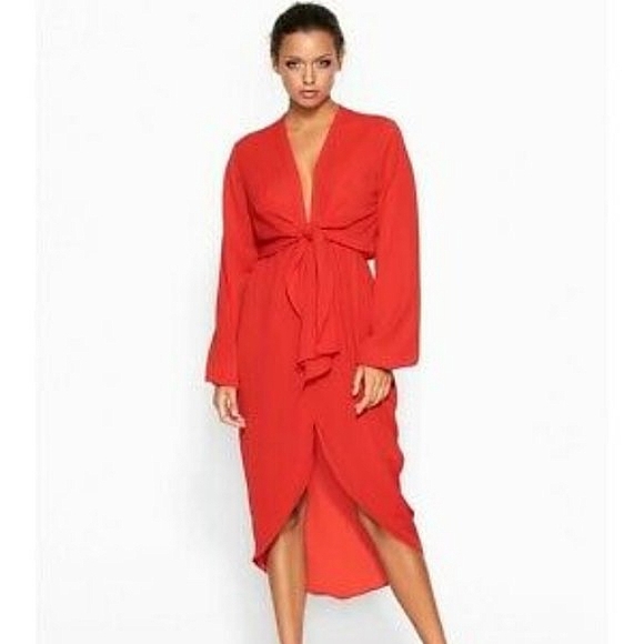 SHEIKE Majorca Red Plunge Tie Front Long Sleeve Midi Dress NWT - Picture 2 of 8